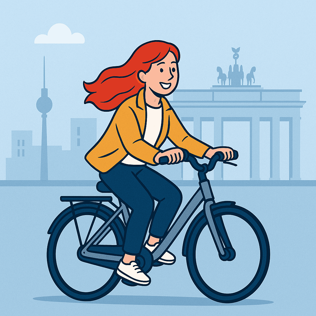 Glückliche Kundin fährt mit Citybike durch Berlin 